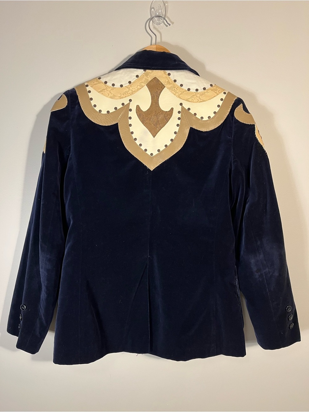 Navy Velvet Vintage Custom Upcycled Blazer Jacket Western Embellished - Picture 8 of 14